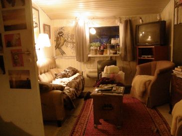 Sådan ser der ud i den del af vores stue, hvor vi hygger os om aftenen.Sofaen må man kun ligge i ,når mor er der eller man har fået lov.